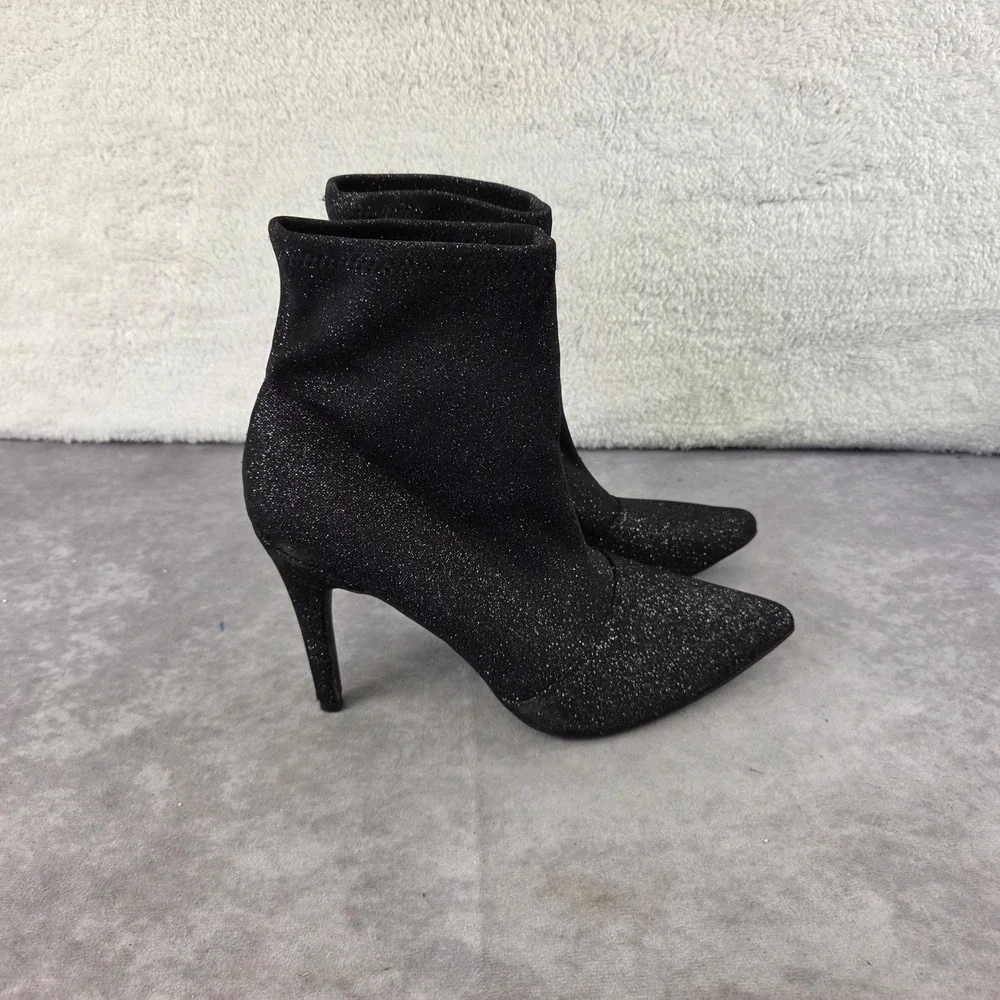 Brash Womens Black Glitter Sock Ankle Boots Pointed Toe Stiletto Heel Size 10